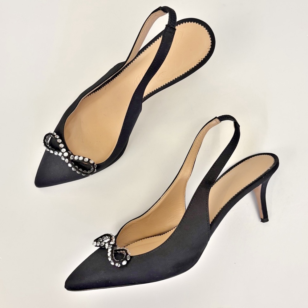 J. Crew || Jeweled Bow Slingback Heels Satin Party Holiday Formal Black 8.5